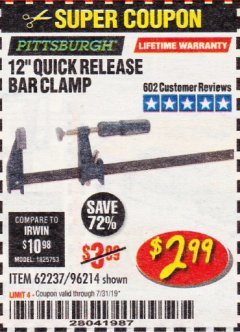 Harbor Freight Coupon 12" QUICK RELEASE BAR CLAMP Lot No. 62237/96214 Expired: 7/31/19 - $2.99