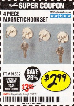 Harbor Freight Coupon 4 PIECE MAGNETIC HOOK SET Lot No. 98502 Expired: 6/30/19 - $2.99