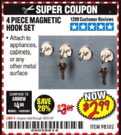 Harbor Freight Coupon 4 PIECE MAGNETIC HOOK SET Lot No. 98502 Expired: 10/31/19 - $2.99