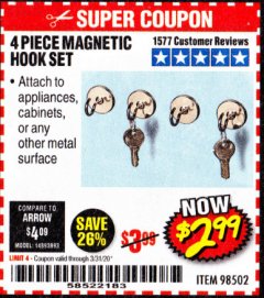 Harbor Freight Coupon 4 PIECE MAGNETIC HOOK SET Lot No. 98502 Expired: 3/31/20 - $2.99