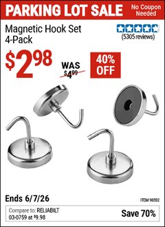 Harbor Freight Coupon MAGNETIC HOOK SET, 4-PACK Lot No. 98502 EXPIRES: 6/7/26 - $2.98