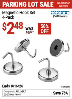 Harbor Freight Coupon MAGNETIC HOOK SET, 4-PACK Lot No. 98502 EXPIRES: 8/16/26 - $2.48