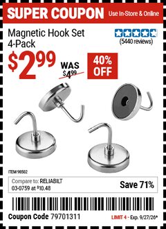 Harbor Freight Coupon MAGNETIC HOOK SET, 4-PACK Lot No. 98502 Valid Thru: 9/27/26 - $2.99