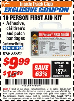 Harbor Freight ITC Coupon 10 PERSON FIRST AID KIT Lot No. 68681 Expired: 7/31/18 - $9.99