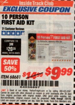 Harbor Freight ITC Coupon 10 PERSON FIRST AID KIT Lot No. 68681 Expired: 7/31/19 - $9.99