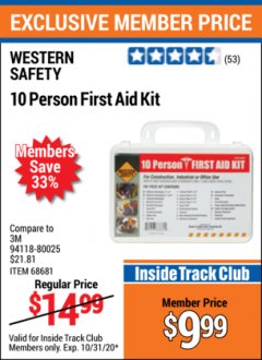 Harbor Freight ITC Coupon 10 PERSON FIRST AID KIT Lot No. 68681 Expired: 10/31/20 - $9.99