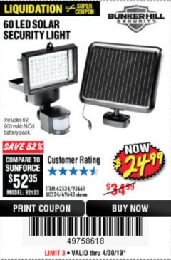 Harbor Freight Coupon 60 LED SOLAR SECURITY LIGHT Lot No. 60524/62534/56213/69643/93661 Expired: 4/30/19 - $24.99