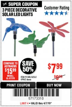 Harbor Freight Coupon LUMINAR OUTDOOR 30 IN. SOLAR LED GARDEN DECORATIVE LIGHTS, 3-PACK Lot No. 59266/69462 Expired: 4/7/19 - $7.99