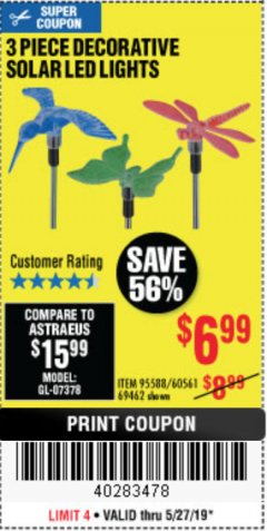 Harbor Freight Coupon 3 PIECE DECORATIVE SOLAR LED LIGHTS Lot No. 95588/69462/60561 Expired: 5/27/19 - $6.99