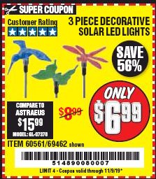 Harbor Freight Coupon 3 PIECE DECORATIVE SOLAR LED LIGHTS Lot No. 95588/69462/60561 Expired: 11/9/19 - $6.99