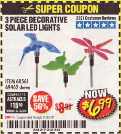 Harbor Freight Coupon 3 PIECE DECORATIVE SOLAR LED LIGHTS Lot No. 95588/69462/60561 Expired: 11/30/19 - $6.99