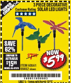 Harbor Freight Coupon 3 PIECE DECORATIVE SOLAR LED LIGHTS Lot No. 95588/69462/60561 Expired: 2/8/20 - $5.99