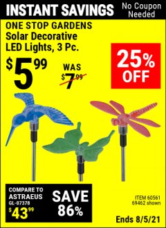 Harbor Freight Coupon 3 PIECE DECORATIVE SOLAR LED LIGHTS Lot No. 95588/69462/60561 Expired: 8/5/21 - $5.99
