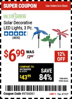 Harbor Freight Coupon 3 PIECE DECORATIVE SOLAR LED LIGHTS Lot No. 95588/69462/60561 Expired: 4/7/22 - $6.99