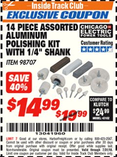 Harbor Freight ITC Coupon 14 PIECE ASSORTED ALUMINUM POLISHING KIT WITH 1/4" SHANK Lot No. 98707 Expired: 7/31/18 - $14.99