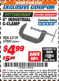 Harbor Freight ITC Coupon 6" INDUSTRIAL C-CLAMP Lot No. 62139/37850 Expired: 5/31/18 - $4.99