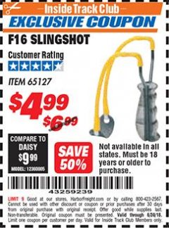 Harbor Freight ITC Coupon DAISY OUTDOOR PRODUCTS F16 SLINGSHOT Lot No. 65127 Expired: 6/30/18 - $4.99