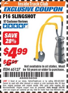 Harbor Freight ITC Coupon DAISY OUTDOOR PRODUCTS F16 SLINGSHOT Lot No. 65127 Expired: 5/31/19 - $4.99