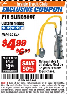 Harbor Freight ITC Coupon DAISY OUTDOOR PRODUCTS F16 SLINGSHOT Lot No. 65127 Expired: 8/31/18 - $4.99
