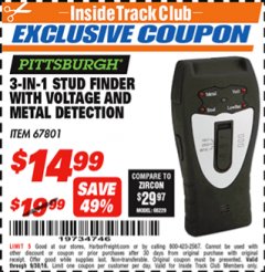Harbor Freight ITC Coupon 3-IN-1 STUD FINDER WITH VOLTAGE AND METAL DETECTION Lot No. 67801 Expired: 9/30/18 - $14.99