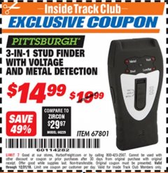 Harbor Freight ITC Coupon 3-IN-1 STUD FINDER WITH VOLTAGE AND METAL DETECTION Lot No. 67801 Expired: 12/31/18 - $14.99