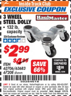 Harbor Freight ITC Coupon 3 WHEEL MOVERS DOLLY Lot No. 62706/67208 Expired: 1/31/19 - $2.99