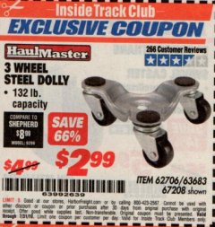 Harbor Freight ITC Coupon 3 WHEEL MOVERS DOLLY Lot No. 62706/67208 Expired: 7/31/19 - $2.99
