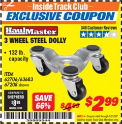 Harbor Freight ITC Coupon 3 WHEEL MOVERS DOLLY Lot No. 62706/67208 Expired: 1/31/20 - $2.99