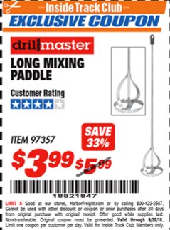 Harbor Freight ITC Coupon LONG MIXING PADDLE Lot No. 97357 Expired: 9/30/18 - $3.99