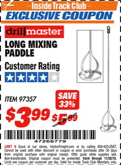 Harbor Freight ITC Coupon LONG MIXING PADDLE Lot No. 97357 Expired: 11/8/18 - $3.99