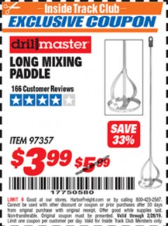 Harbor Freight ITC Coupon LONG MIXING PADDLE Lot No. 97357 Expired: 2/28/19 - $3.99