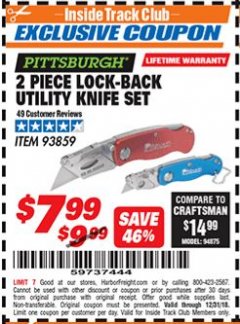 Harbor Freight ITC Coupon 2 PIECE LOCK-BACK UTILITY KNIFE SET Lot No. 93859 Expired: 12/31/18 - $7.99