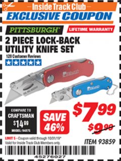 Harbor Freight ITC Coupon 2 PIECE LOCK-BACK UTILITY KNIFE SET Lot No. 93859 Expired: 10/31/19 - $7.99