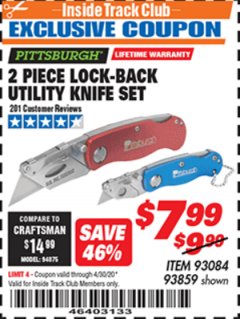 Harbor Freight ITC Coupon 2 PIECE LOCK-BACK UTILITY KNIFE SET Lot No. 93859 Expired: 4/30/20 - $7.99