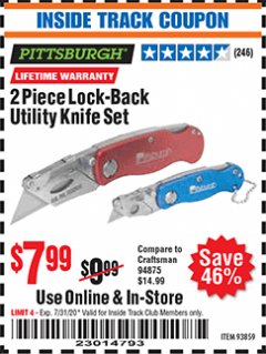 Harbor Freight ITC Coupon 2 PIECE LOCK-BACK UTILITY KNIFE SET Lot No. 93859 Expired: 7/31/20 - $7.99