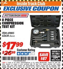 Harbor Freight ITC Coupon 8 PIECE COMPRESSION TEST KIT Lot No. 62638/69885 Expired: 7/31/18 - $17.99