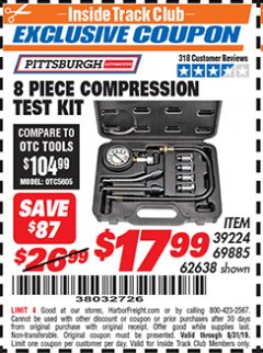 Harbor Freight ITC Coupon 8 PIECE COMPRESSION TEST KIT Lot No. 62638/69885 Expired: 8/31/19 - $17.99