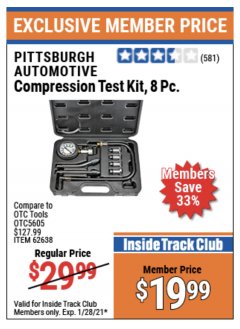 Harbor Freight ITC Coupon 8 PIECE COMPRESSION TEST KIT Lot No. 62638/69885 Expired: 1/28/21 - $19.99