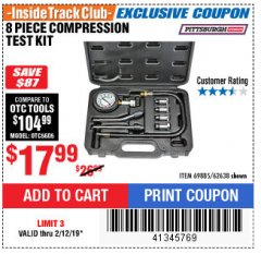 Harbor Freight ITC Coupon 8 PIECE COMPRESSION TEST KIT Lot No. 62638/69885 Expired: 2/12/19 - $17.99