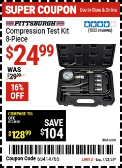Harbor Freight Coupon 8 PIECE COMPRESSION TEST KIT Lot No. 62638/69885 Expired: 1/21/24 - $24.99
