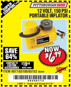 Harbor Freight Coupon 12 VOLT, 250 PSI AIR COMPRESSOR Lot No. 4077/61740 Expired: 8/11/18 - $6.99