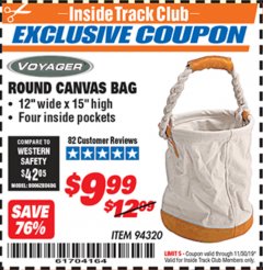 Harbor Freight ITC Coupon ROUND CANVAS BAG Lot No. 94320 Expired: 11/30/19 - $9.99