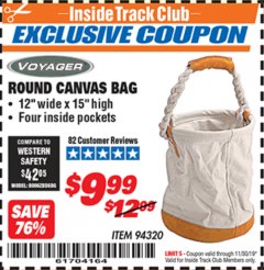 Harbor Freight ITC Coupon VOYAGER ROUND CANVAS BAG Lot No. 94320 Expired: 11/30/19 - $9.99