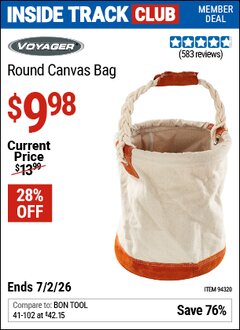 Harbor Freight ITC Coupon VOYAGER ROUND CANVAS BAG Lot No. 94320 Dates Valid: 12/31/69 - 7/2/26 - $9.98