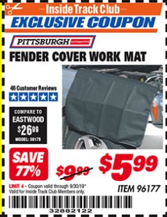 Harbor Freight ITC Coupon FENDER COVER WORK MAT Lot No. 96177 Expired: 9/30/19 - $5.99