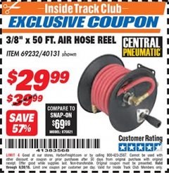 Harbor Freight ITC Coupon 3/8" X 50 FT. AIR HOSE REEL Lot No. 40131/69232 Expired: 6/30/18 - $29.99