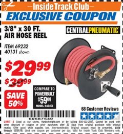 Harbor Freight ITC Coupon 3/8" X 50 FT. AIR HOSE REEL Lot No. 40131/69232 Expired: 12/31/18 - $29.99