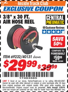 Harbor Freight ITC Coupon 3/8" X 50 FT. AIR HOSE REEL Lot No. 40131/69232 Expired: 2/28/19 - $29.99