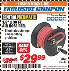 Harbor Freight ITC Coupon 3/8" X 50 FT. AIR HOSE REEL Lot No. 40131/69232 Expired: 12/31/19 - $29.99