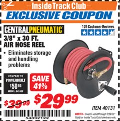 Harbor Freight ITC Coupon 3/8" X 50 FT. AIR HOSE REEL Lot No. 40131/69232 Expired: 2/29/20 - $29.99